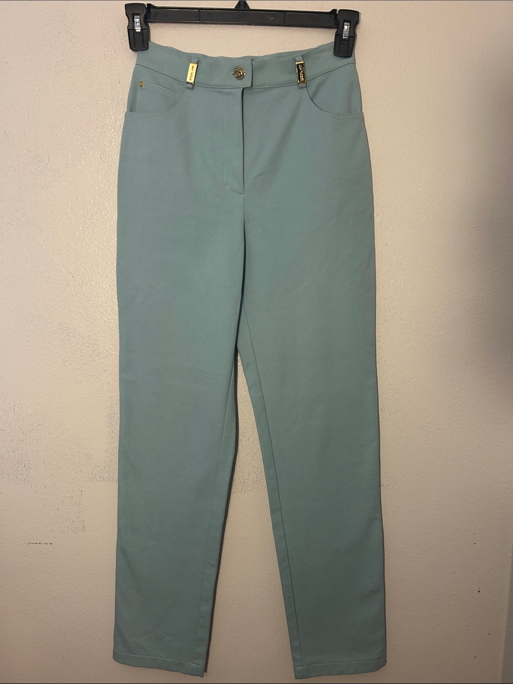Straight-Leg Pants in Seafoam Green with Gold Accent